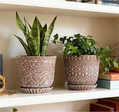 Gepege 6 Inch Beaded Ceramic Planter Set of 2 with Drainage Hole and Saucer for Plants, Indoor-Outdoor Large Round Succulent Orchid Flower Pot (Smoked Gray, Inner-pots not Larger Than 5 Inch)