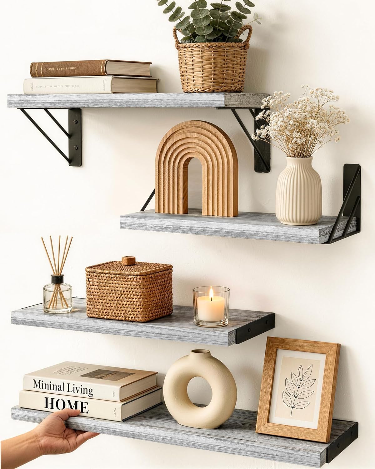 BAYKA Wall Mounted Floating Bathroom Shelves, Wood Wall Shelf for Bathroom Essentials & Decor, Space-Saving Display & Organizer (Black, Set of 4)