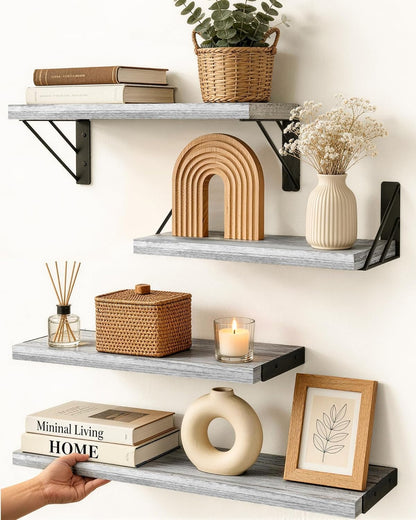 BAYKA Wall Mounted Floating Bathroom Shelves, Wood Wall Shelf for Bathroom Essentials & Decor, Space-Saving Display & Organizer (Black, Set of 4)