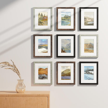 Vittanly 8x10 Picture Frames Set of 9, Shatter Resistant Plexiglass, Display 5x7 Pictures with Mat or 8x10 without Mat, Photo Frames for Wall or Tabletop, Engineered Wood, Black - Colors A