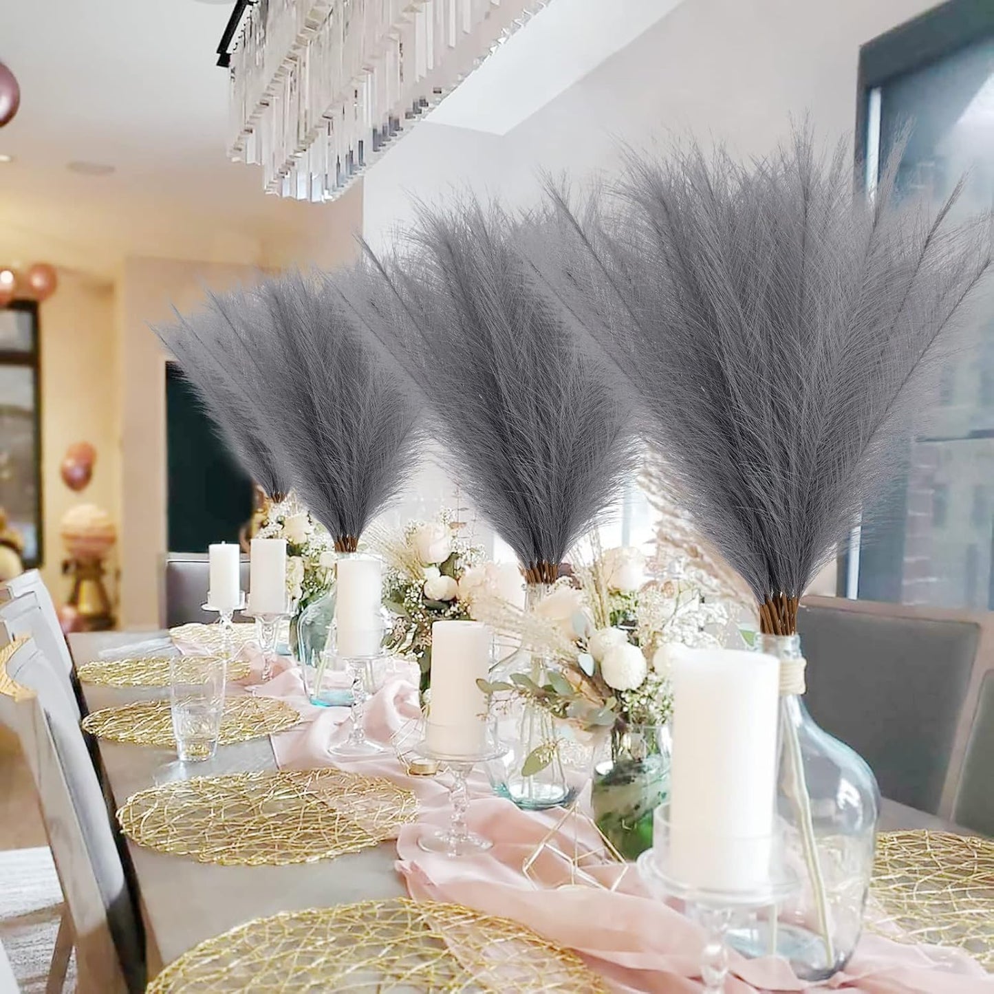 obbsie 50pcs Pink Faux Pampas Grass Decor, 21.6" Short Artificial Floral Branches Vase Filler Flower Arrangement for Home Wedding Boho Outdoor Decor