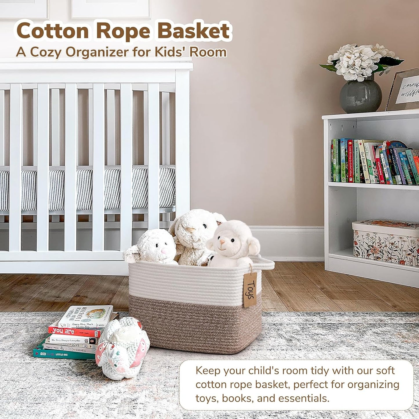 Goodpick Woven Storage Basket, Cotton Rope Basket for Dog Toys, Books, Stylish Gift Basket with Handles, 13 x 10 x 9 Inches Square Baskets for Organizing, Brown and White