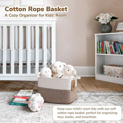 Goodpick Woven Storage Basket, Cotton Rope Basket for Dog Toys, Books, Stylish Gift Basket with Handles, 13 x 10 x 9 Inches Square Baskets for Organizing, Brown and White