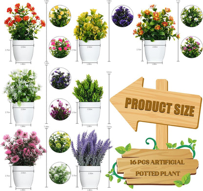 Cindeer 16 Pcs Small Fake Plants Artificial Potted Plants Faux House Plant Mini Pot Plastic Flowers for Indoor Outdoor Home Kitchen Office Desktop Wedding Decor