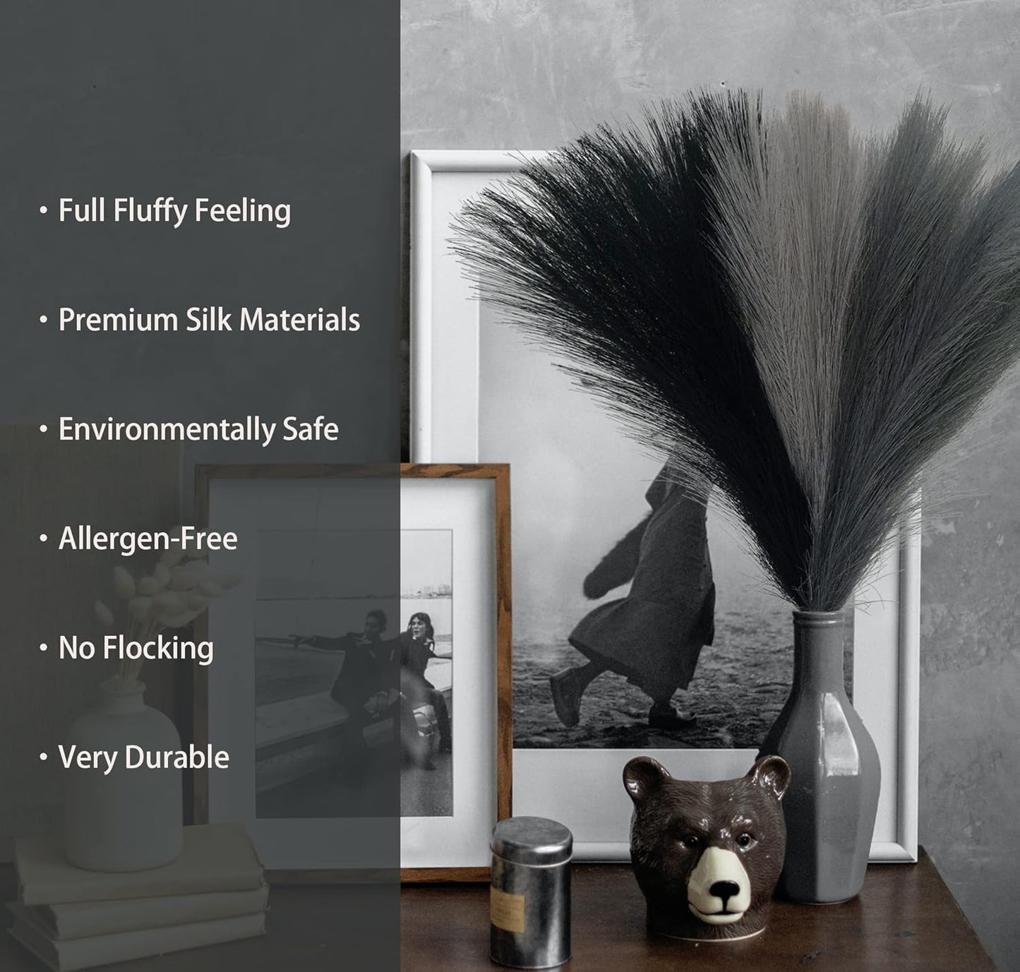 SeptCat 9 Pcs 45" Faux Dried Pampas Grass Tall Decor, Fluffy Fake Long Pompas Artificial Black Grey Gray Pompous Stems Bouquet Flower Arrangement Vase Filler for Boho Home Wedding Decoration