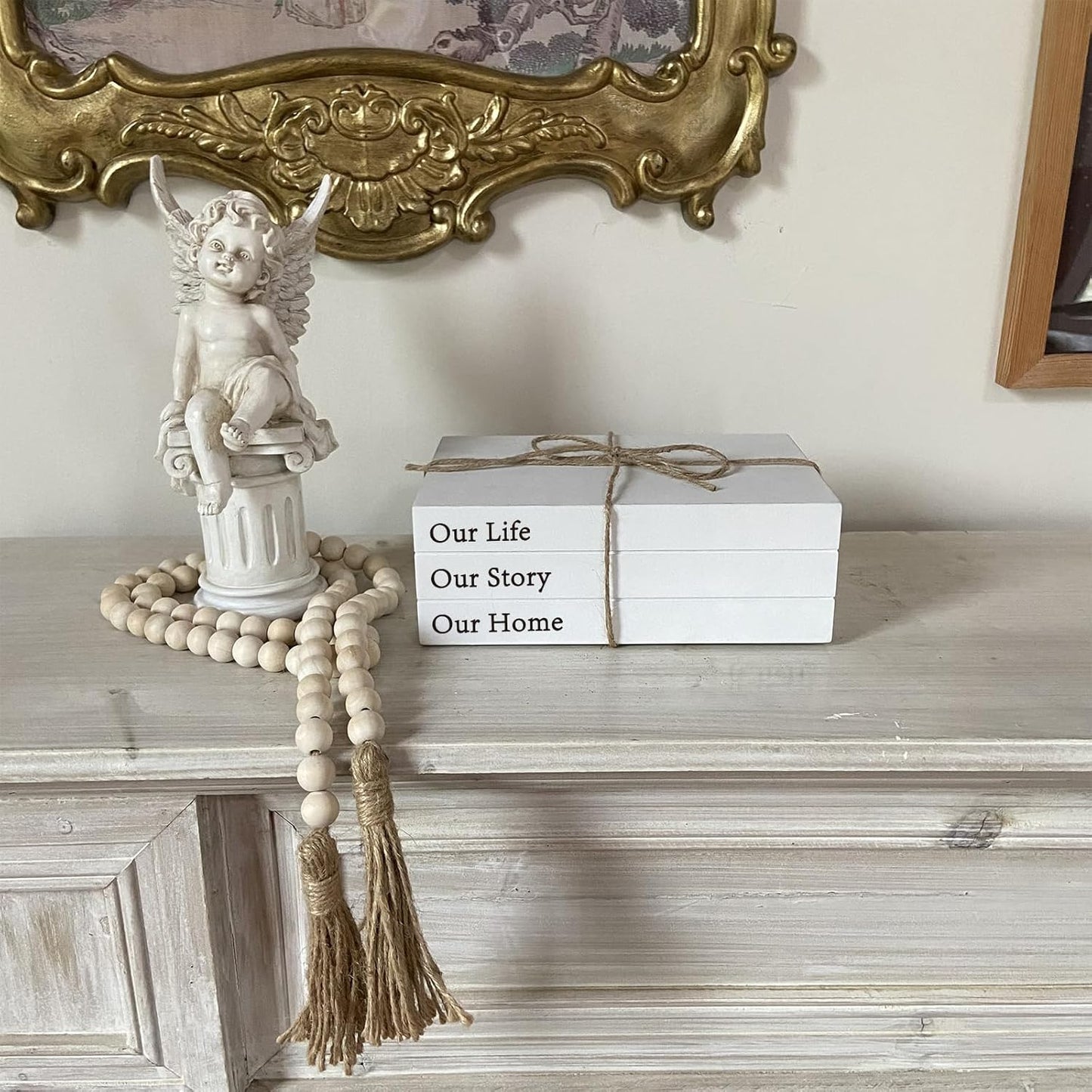 Decorative Books for Home Decor, White Faux Books for Decoration, Rustic Farmhouse Stacked Display Books with 52in Wood Bead Garland for Coffee Tables Living Room (TAKE TIME to DO)