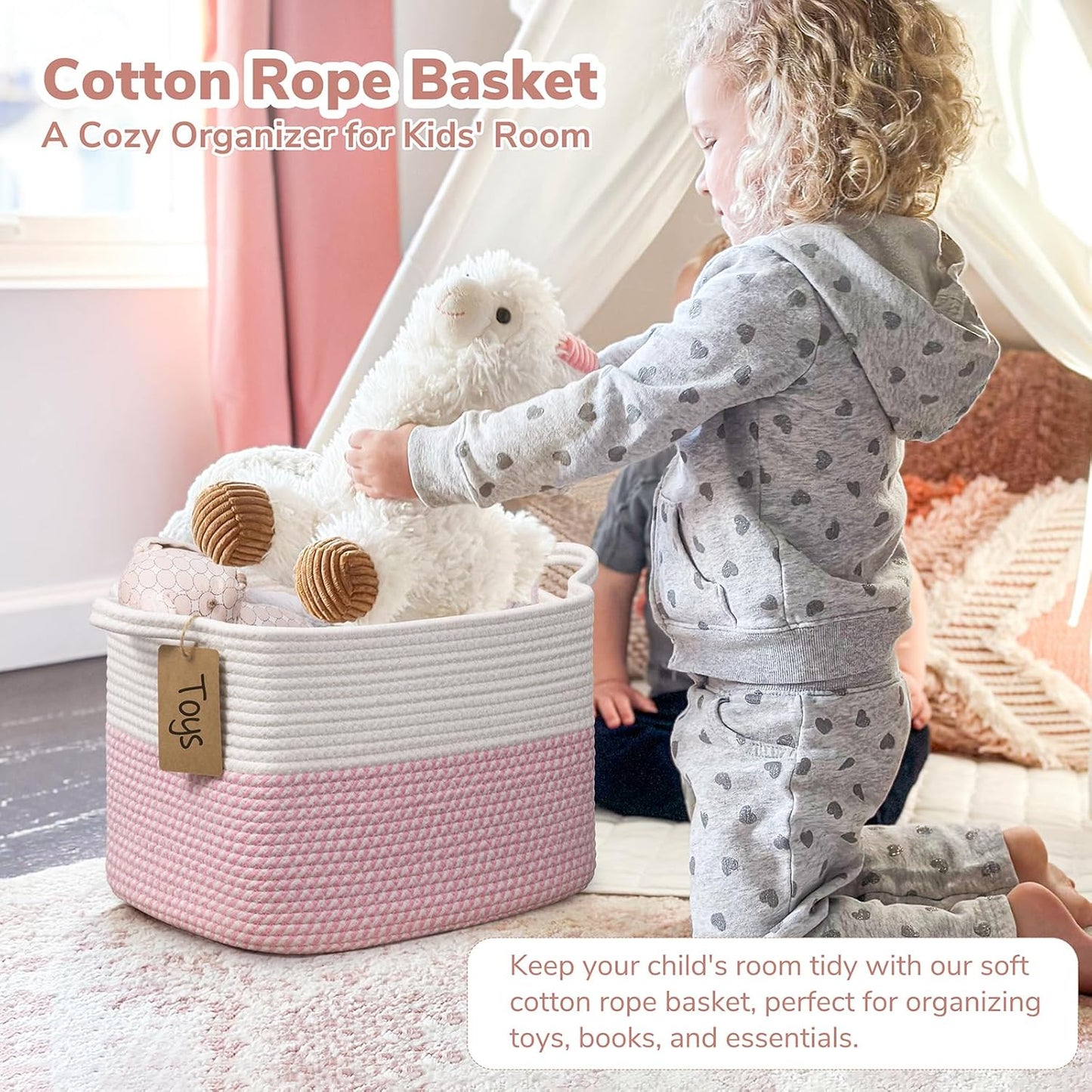 Goodpick Woven Storage Basket, Cotton Rope Basket for Dog Toys, Books, Stylish Gift Basket with Handles, 13 x 10 x 9 Inches Square Baskets for Organizing, Brown and White