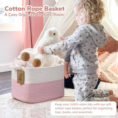 Goodpick Woven Storage Basket, Cotton Rope Basket for Dog Toys, Books, Stylish Gift Basket with Handles, 13 x 10 x 9 Inches Square Baskets for Organizing, Brown and White