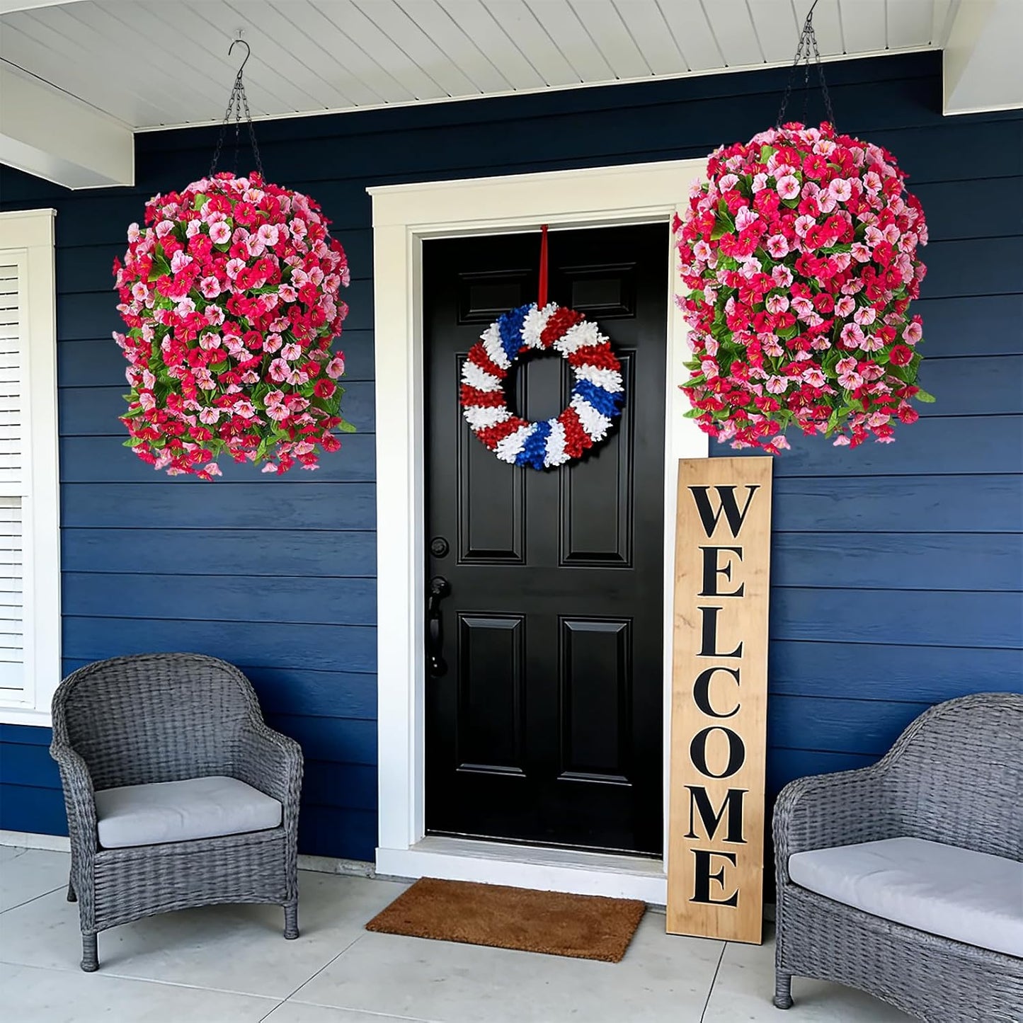 INXUGAO Artificial Flowers with Hanging Basket, Outdoor Faux Plants Silk Morning Glory Vines, Fake Green Arrangement for Garden Patio Spring Summer Decor(4pcs,Darkorchid)