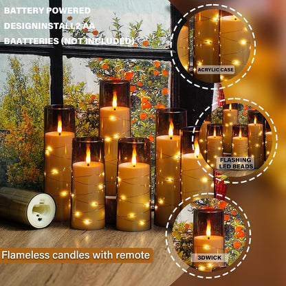 Nimiko Flickering Flameless LED Candles, 9 Pcs with Embedded Star String, Acrylic LED Pillar Candles with Remote, Suitable for Home Decoration (White)