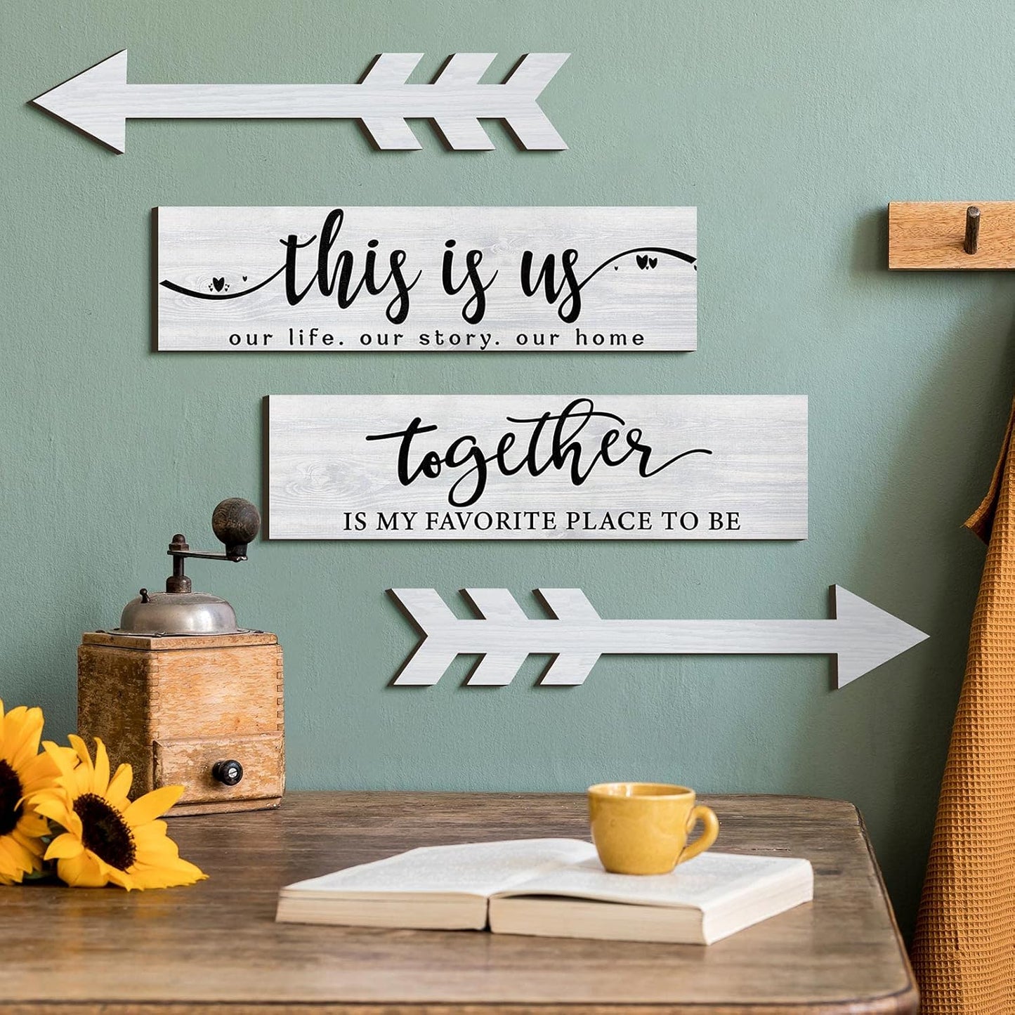 Jetec 4 Pcs Wooden Arrow Wall Decor This Is Us Our Life Rustic Family Signs for Home Wall Decor Home Wooden Hanging Sign for Farmhouse Living Room, 15 x 4 x 0.2 Inch(Brown)