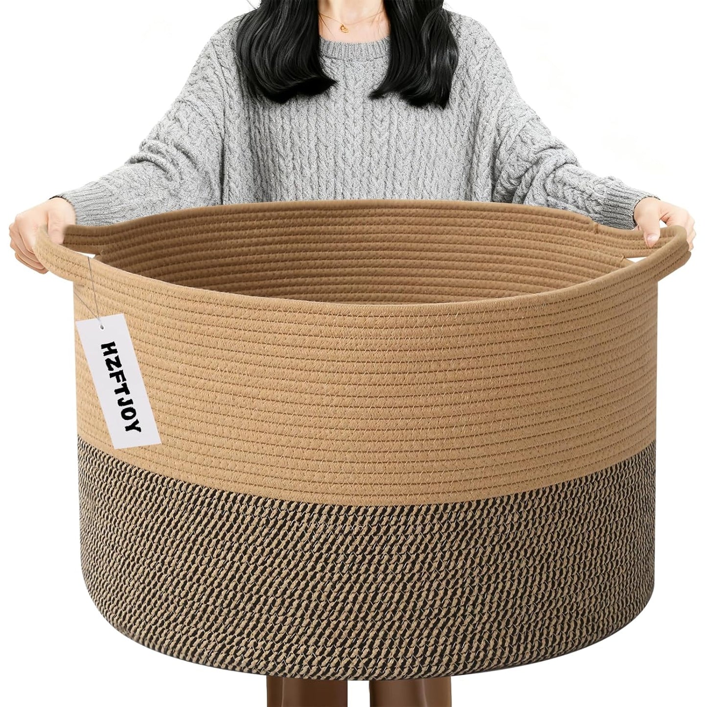 Large Woven Blanket Basket,65L Cotton Rope Laundry Basket Hamper with Handles, Decorative Nursery Basket Storage Bin for Toys, Clothes Organizer, Living Room, Bedroom, Bathroom, White & Brown