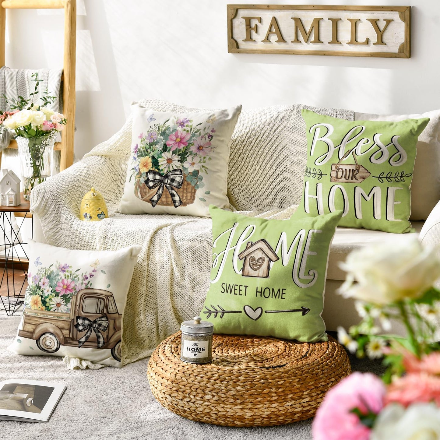 AVOIN colorlife Bless Our Home Farmhouse Eucalyptus Leaves Throw Pillow Covers, 18 x 18 Inch Truck Home Sweet Home Cushion Case Decorations Set of 4
