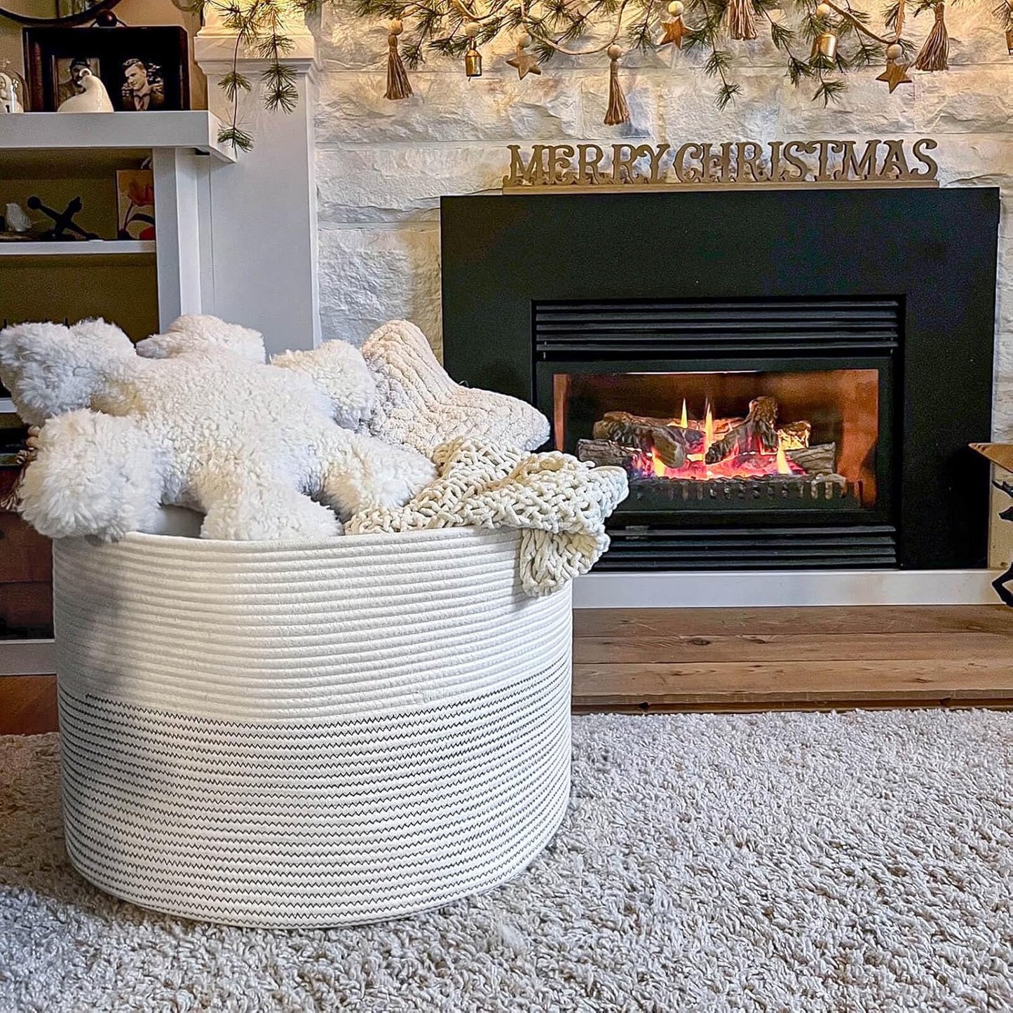 INDRESSME XXXLarge Blanket Basket for Living Room 21.7" x 21.7" x 13.8"-Storage Basket with Handle for Organizing Toy Pillows Woven Cotton Rope Laundry Basket Stuffed Animal Toy Storage for Play Room