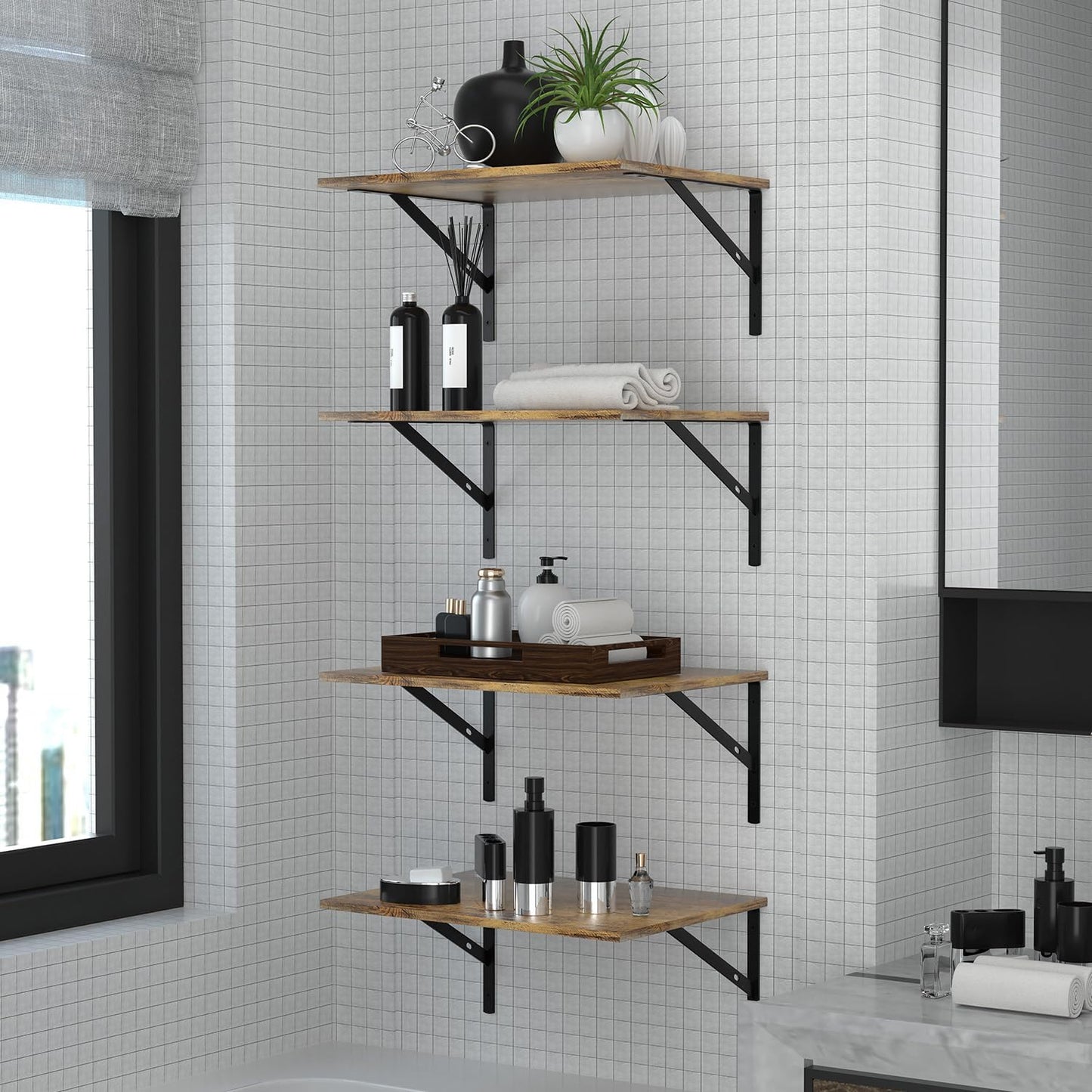 Deep Floating Wall Shelves - 4 Sets of 12 Inch Wide Black Wood Shelves for Bathroom, Bedroom, Kitchen, Living Room