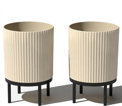 Veradek Demi Series Round Planter w/ Stand for Porch/Patio | Durable Plastic-Concrete & Wooden Stand | Modern Décor for Tall Plants, Flowers