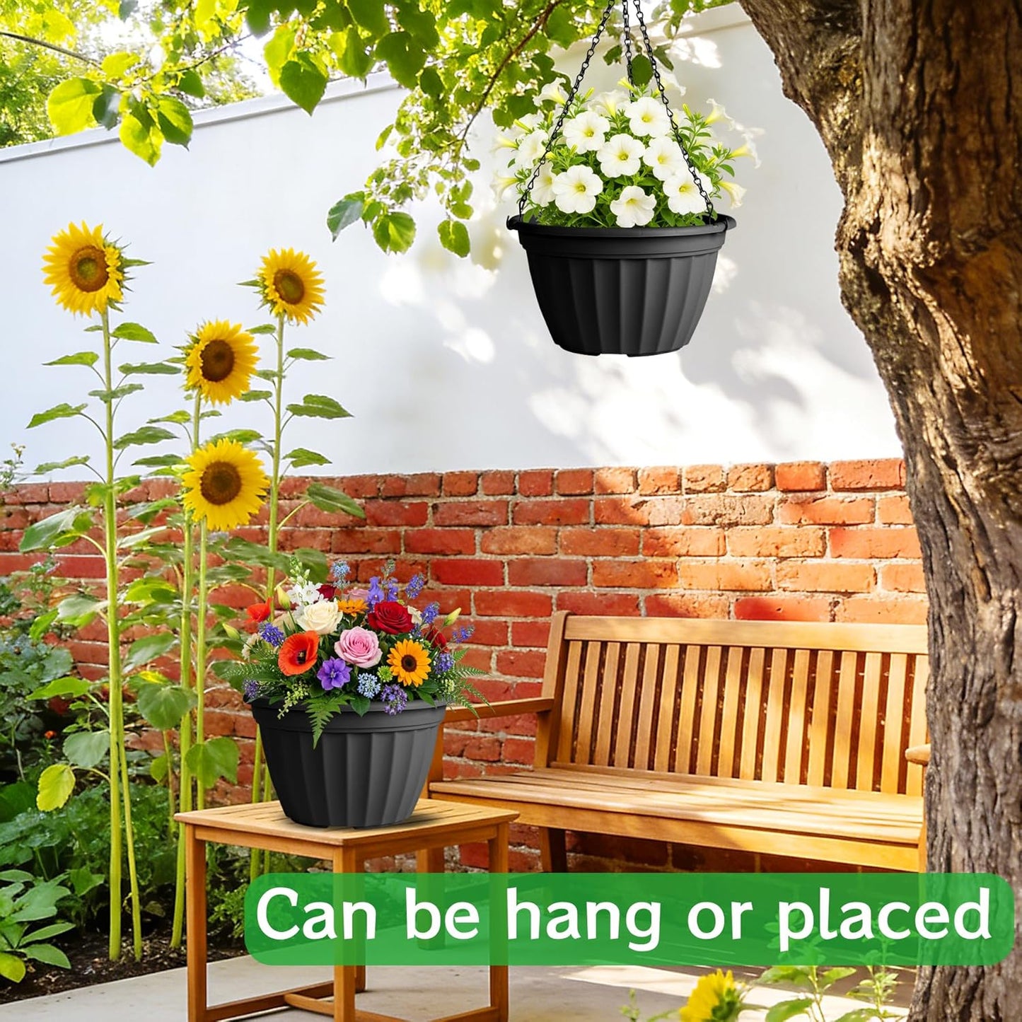 FGstyle Hanging Planters 10 Inch, 4 Pcs Self Watering Pots for Indoor Plants,Plastic Hanging Basket with Soil Elevator and 20" Chain for Home Garden Porch Balcony Patio Decor(Black)