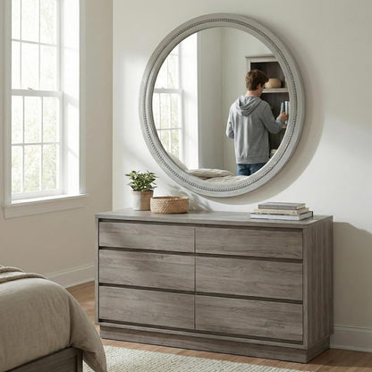 30" Round Solid Wood Mirror for Bathroom Vanity, Handcrafted Beaded Circle Wall Mirror - Natural Boho Farmhouse Decor for Entryway & Bedroom