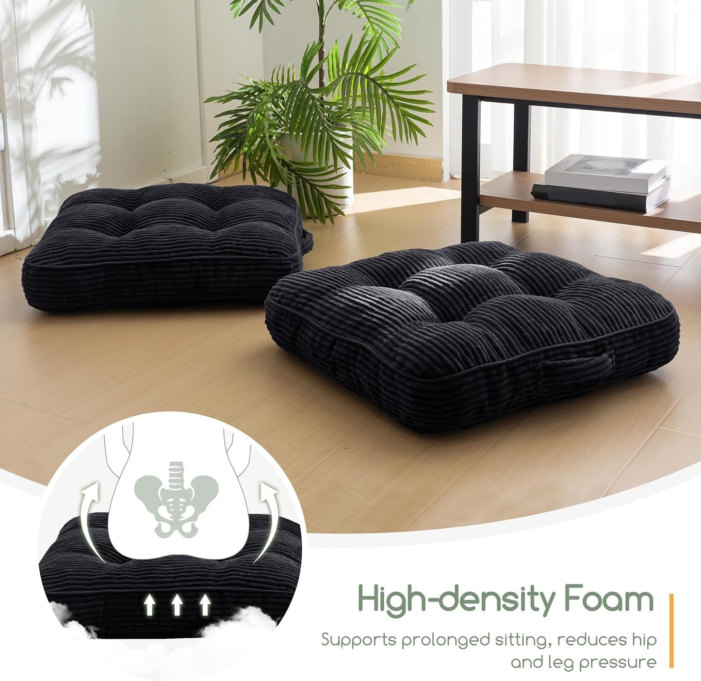 HIGOGOGO 6" Extra Thick Floor Pillow Cushion for Adults, Meditation Cushion Pillow, Large Square Floor Sitting, Tufted Corduroy Cover, for Tatami Living Room or Yoga, 22x22 Inch, 2Pack, Dark Grey