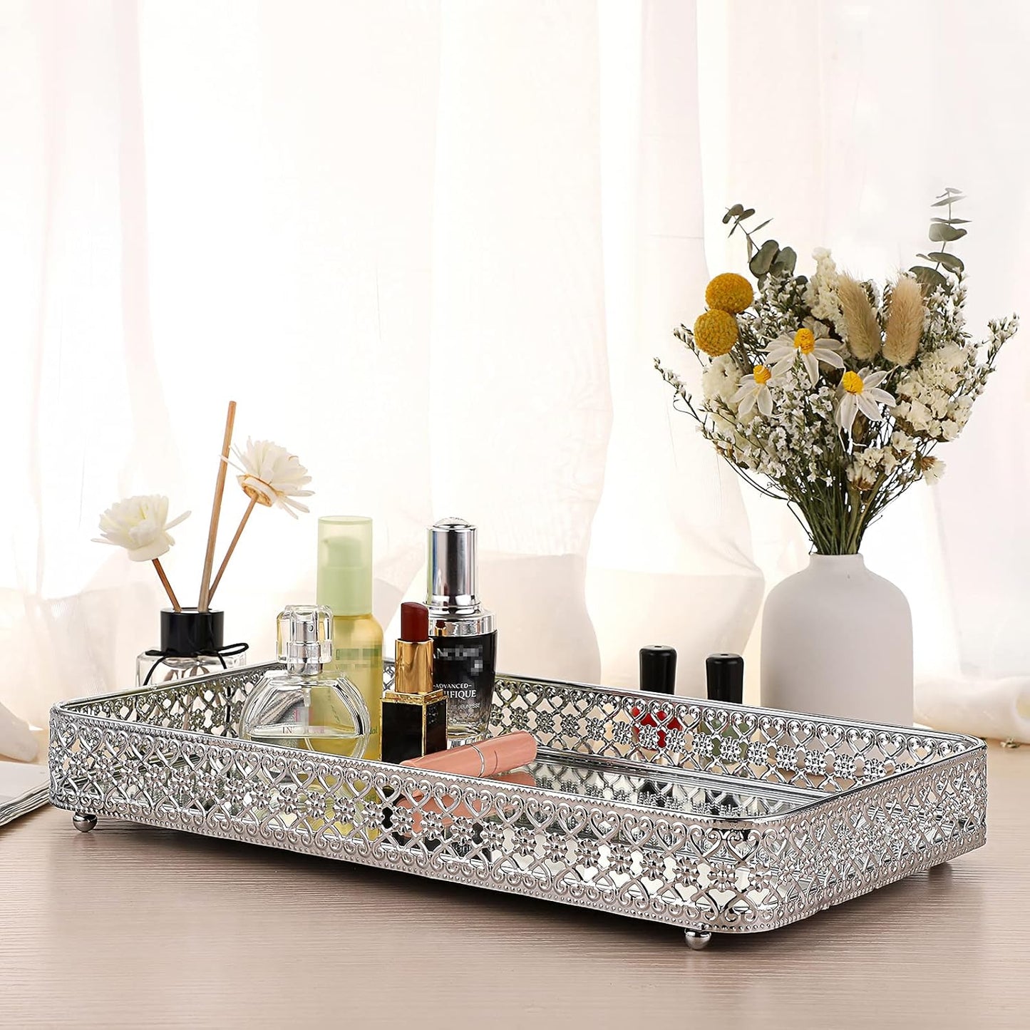 ELLDOO Perfume & Makeup Vanity Tray - Hollow-Carved Jewelry Storage, Glass & Metal Trinket Organizer for Dresser & Bathroom Countertop, Gold, Medium Size