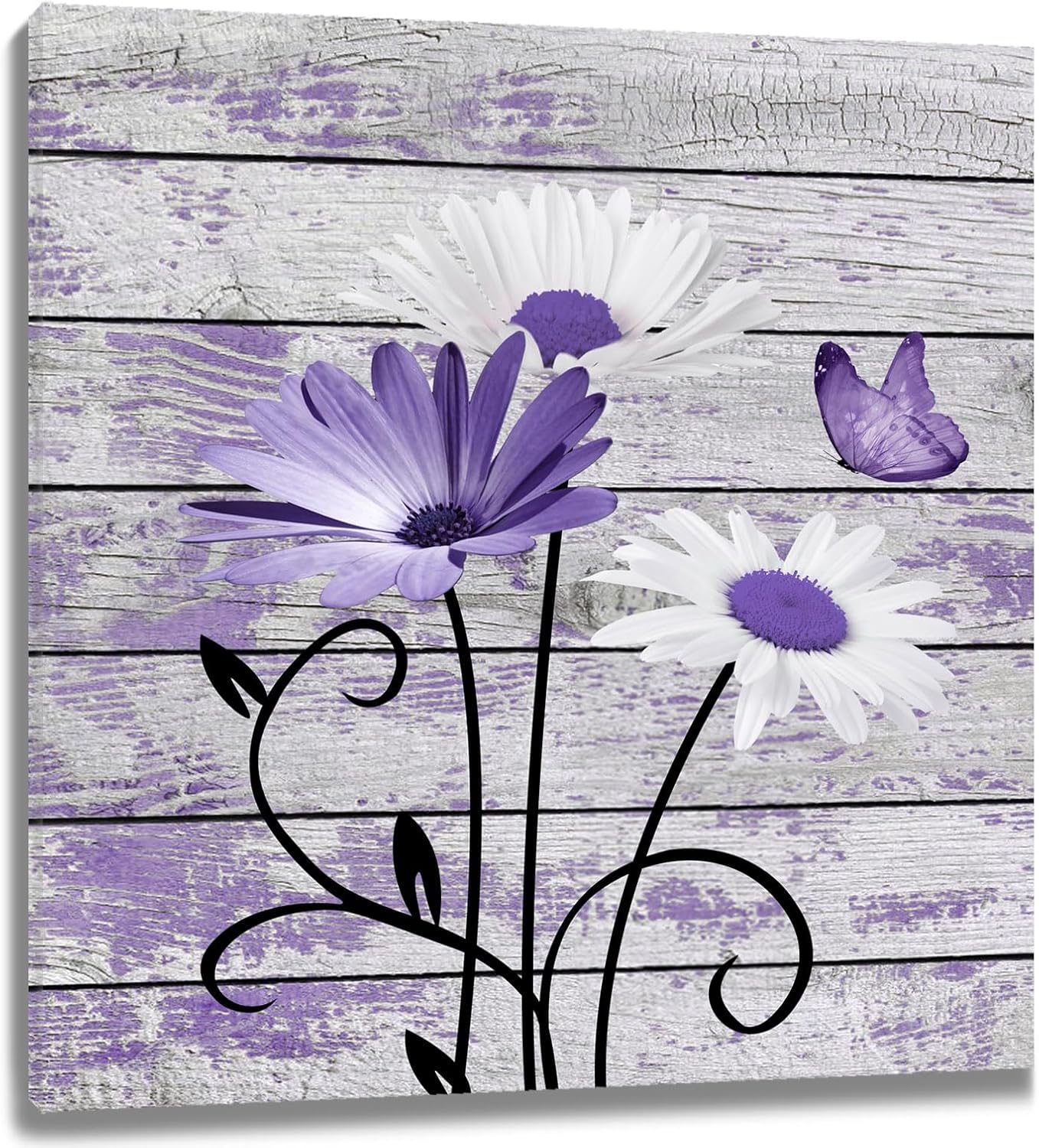 HVEST Farmhouse Floral Wall Art for Living Room, Blue and White Daisy Flower and Butterfly on Rustic Wood Board Canvas Wall Art Framed Artwork Ready to Hang for Bathroom Bedroom Decor, 16L X 12W