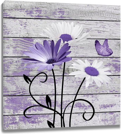 HVEST Farmhouse Floral Wall Art for Living Room, Blue and White Daisy Flower and Butterfly on Rustic Wood Board Canvas Wall Art Framed Artwork Ready to Hang for Bathroom Bedroom Decor, 16L X 12W