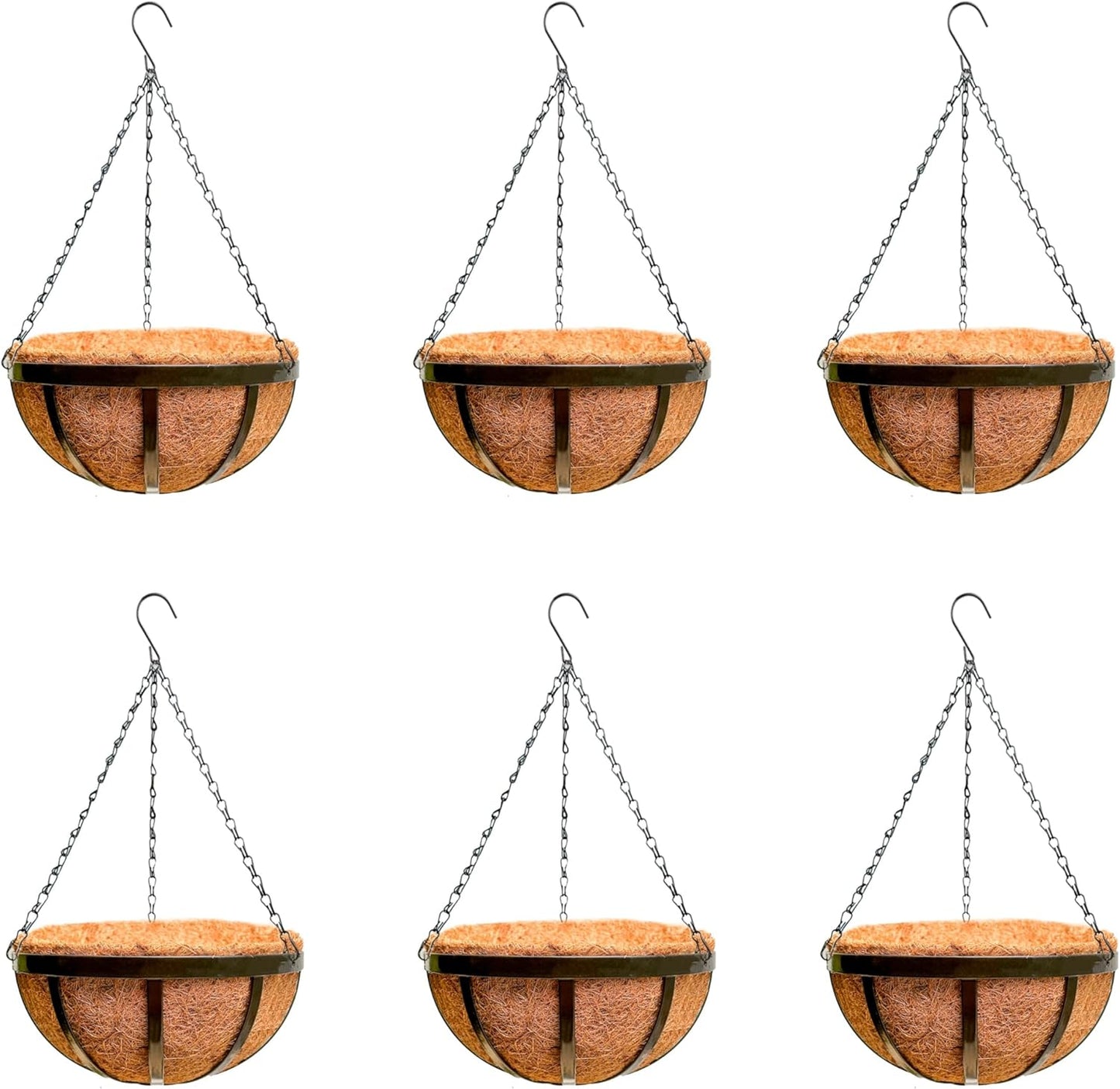 LaLaGreen Outdoor Hanging Baskets for Plants (12 Inch, 6 Pack) Medium Hanging Planter with Coco Liner, Flat Iron Metal Round Plant Flower Pots for Deck Patio Porch Garden Balcony Outside Decoration