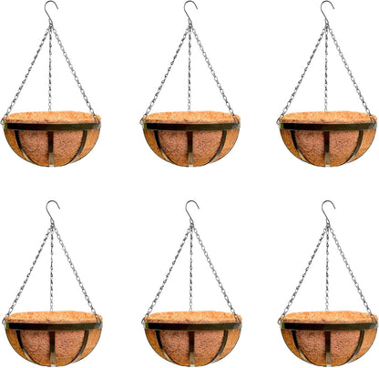 LaLaGreen Outdoor Hanging Baskets for Plants (12 Inch, 6 Pack) Medium Hanging Planter with Coco Liner, Flat Iron Metal Round Plant Flower Pots for Deck Patio Porch Garden Balcony Outside Decoration