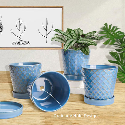 EFISPSS Flower Planter –5 inch Ceramic Plant Pots with Drainage Hole and Ceramic Tray - Gardening Home Desktop Office Windowsill Decoration Gift Set of 4 - Plants NOT Included