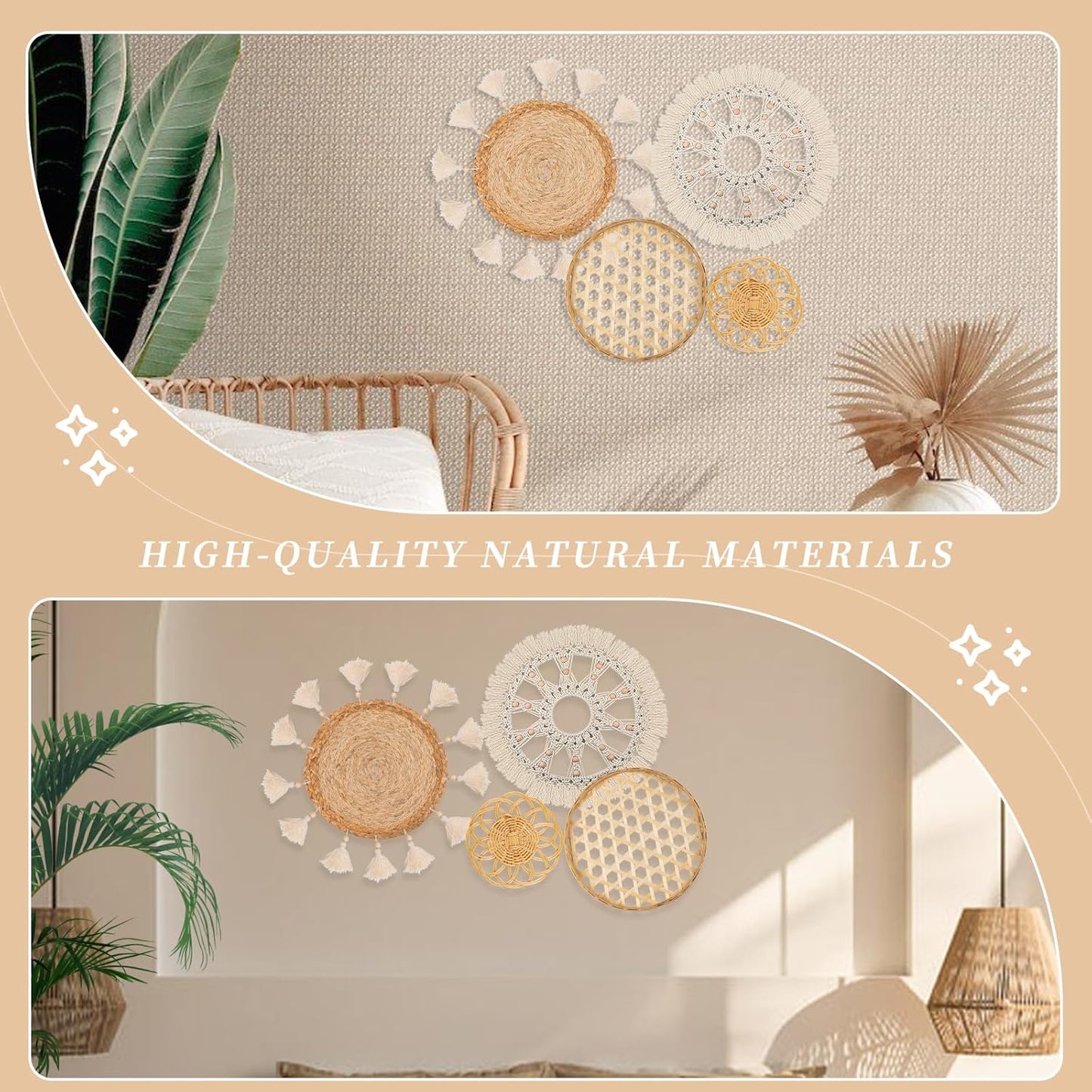 Boho Wall Basket Decor Set of 8 - Flat Woven Basket Wall Hanging Decor,Round Tassels White Macrame Tapestry Wall Decor Art,Handmade Rattan Wicker Seagrass Home Wall Baskets Decor（Boho Classic)
