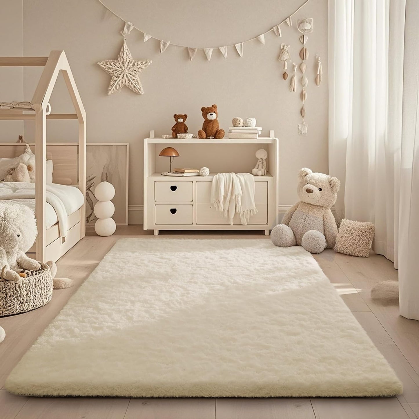 Ophanie Round Rugs 5Ft Ivory Circle Area Rug, Nursery Room Decor, Christmas Aesthetic Bedroom Home Circular Carpet 5 Foot, Fluffy Fuzzy Shag Plush Cream Living Room Rugs for Kids Boys Girls Teen Baby