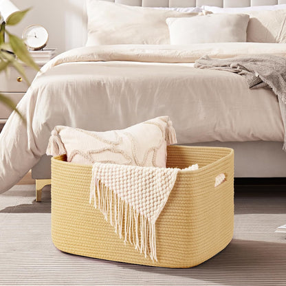 OIAHOMY 75L Large Woven Cotton Rope Storage Basket with Handle for Organizing Blanket and Toys for Living Room, Nursery, Brown Variegated 22”x17”x12”