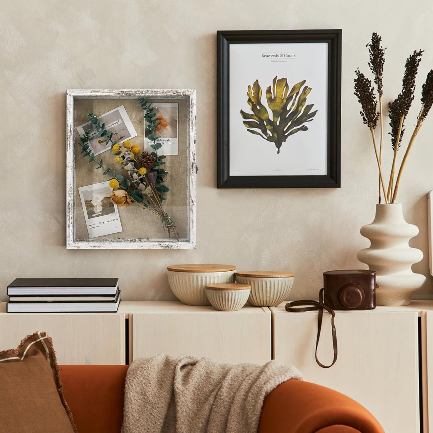 GraduationMall 13x16 Wood Shadow Box Frame Glass Door Display Case with Linen Back and 6 Stick Pins,1.5 inches Interior Depth,Ideal for Memorabilia Pictures Flowers Medals Tickets Rustic White