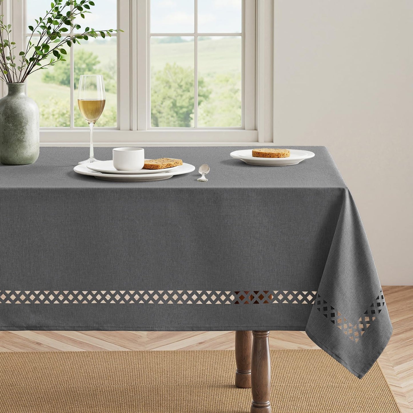 MIULEE Beige Rectangle Linen Polyester Tablecloth with Decorative Cutouts Spring Waterproof Stain Resistant & Shrink-Proof Table Cloth 52x70 inch Farmhouse Style for Dining Wedding and Outdoor