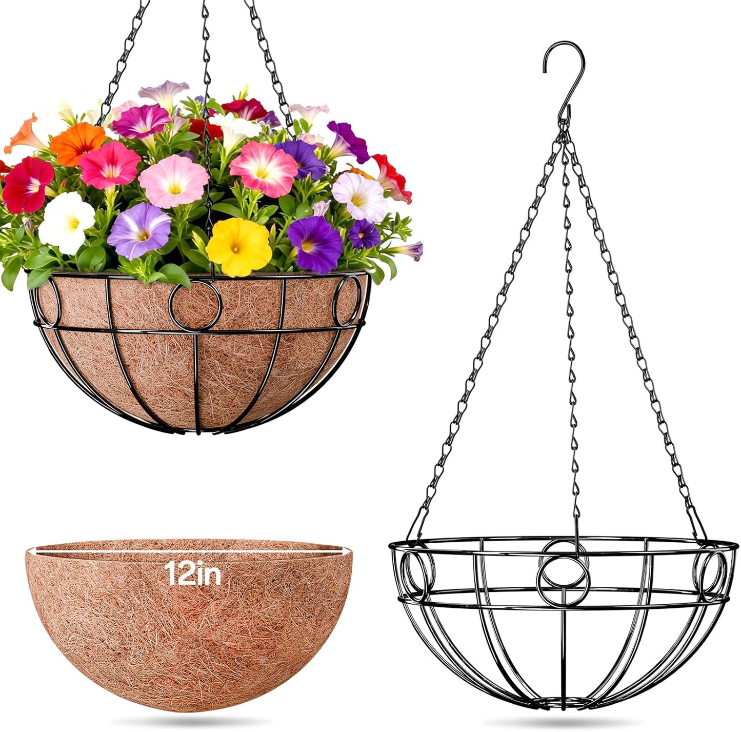 ZeeDix 2 Pack Round Hanging Baskets for Plants Outdoor, 12 Inch Metal Wire Planter Basket with Coco Liner, Hanging Flower Pots for Garden Yard Patio Porch Balcony Decor