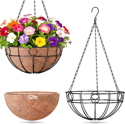ZeeDix 2 Pack Round Hanging Baskets for Plants Outdoor, 12 Inch Metal Wire Planter Basket with Coco Liner, Hanging Flower Pots for Garden Yard Patio Porch Balcony Decor