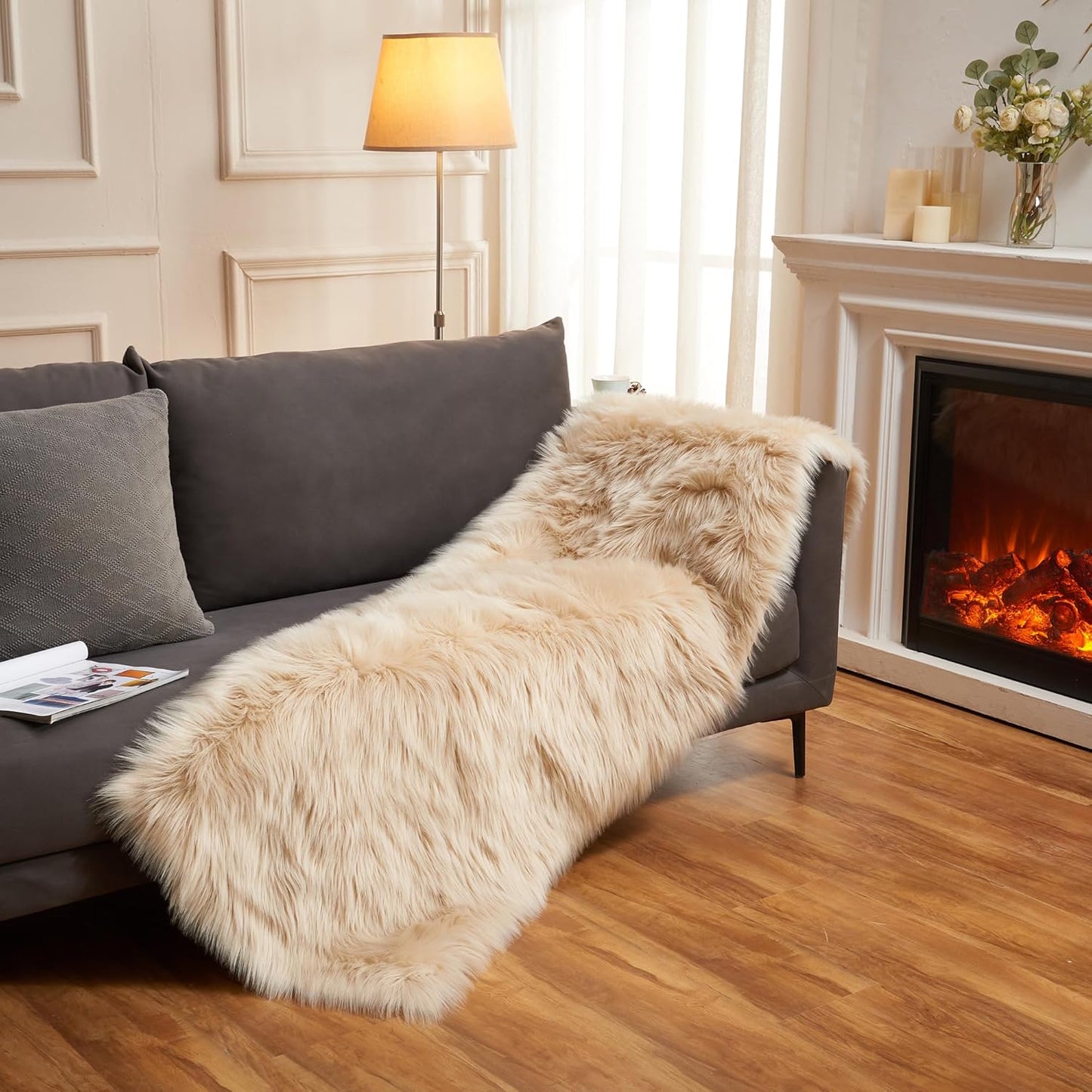 EasyJoy Ultra Soft Fluffy/Fuzzy Shaggy Area Rug Faux Fur Chair Cover Seat Pad for Bedroom Floor Sofa Living Room (2 x 6 ft Sheepskin, Beige)