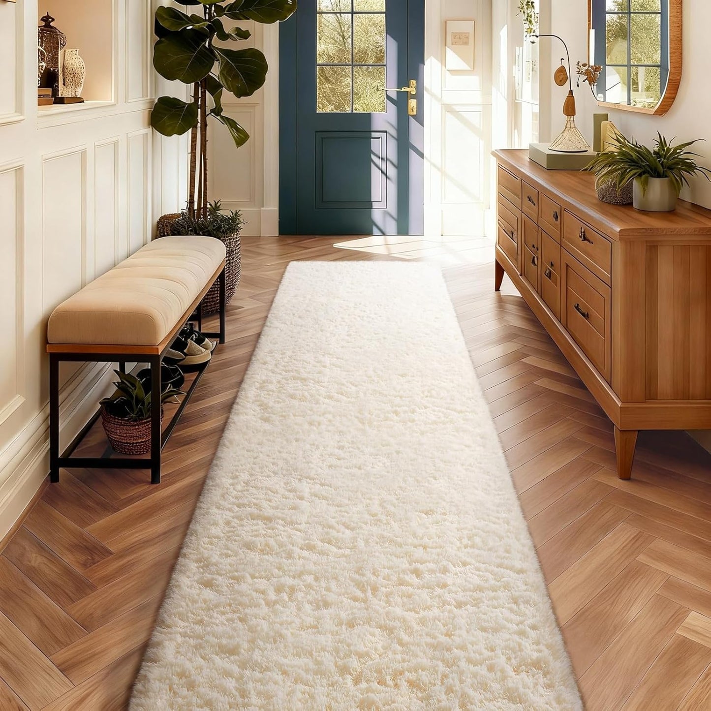 Ophanie Round Rugs 5Ft Ivory Circle Area Rug, Nursery Room Decor, Christmas Aesthetic Bedroom Home Circular Carpet 5 Foot, Fluffy Fuzzy Shag Plush Cream Living Room Rugs for Kids Boys Girls Teen Baby