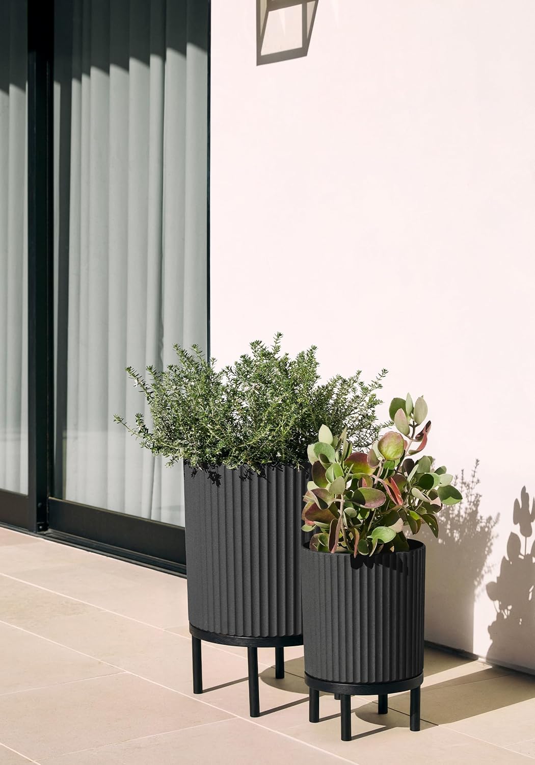 Veradek Demi Series Round Planter w/ Stand for Porch/Patio | Durable Plastic-Concrete & Wooden Stand | Modern Décor for Tall Plants, Flowers