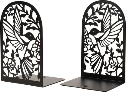 CNK Premium BookEnds - Heavy Duty Metal Book Stoppers for Home Office, Decorative Book Shelf Holders (Hummingbird Black)
