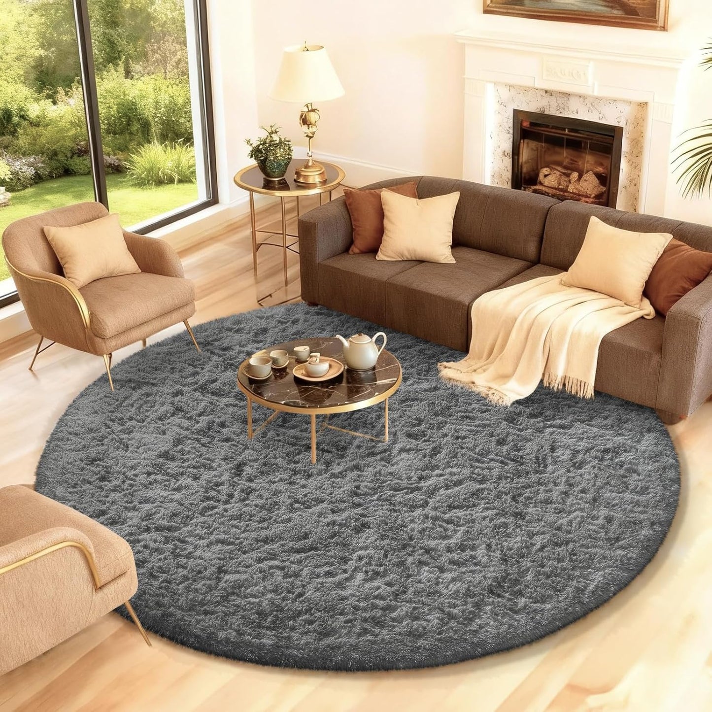 Ophanie Round Rugs 5Ft Ivory Circle Area Rug, Nursery Room Decor, Christmas Aesthetic Bedroom Home Circular Carpet 5 Foot, Fluffy Fuzzy Shag Plush Cream Living Room Rugs for Kids Boys Girls Teen Baby