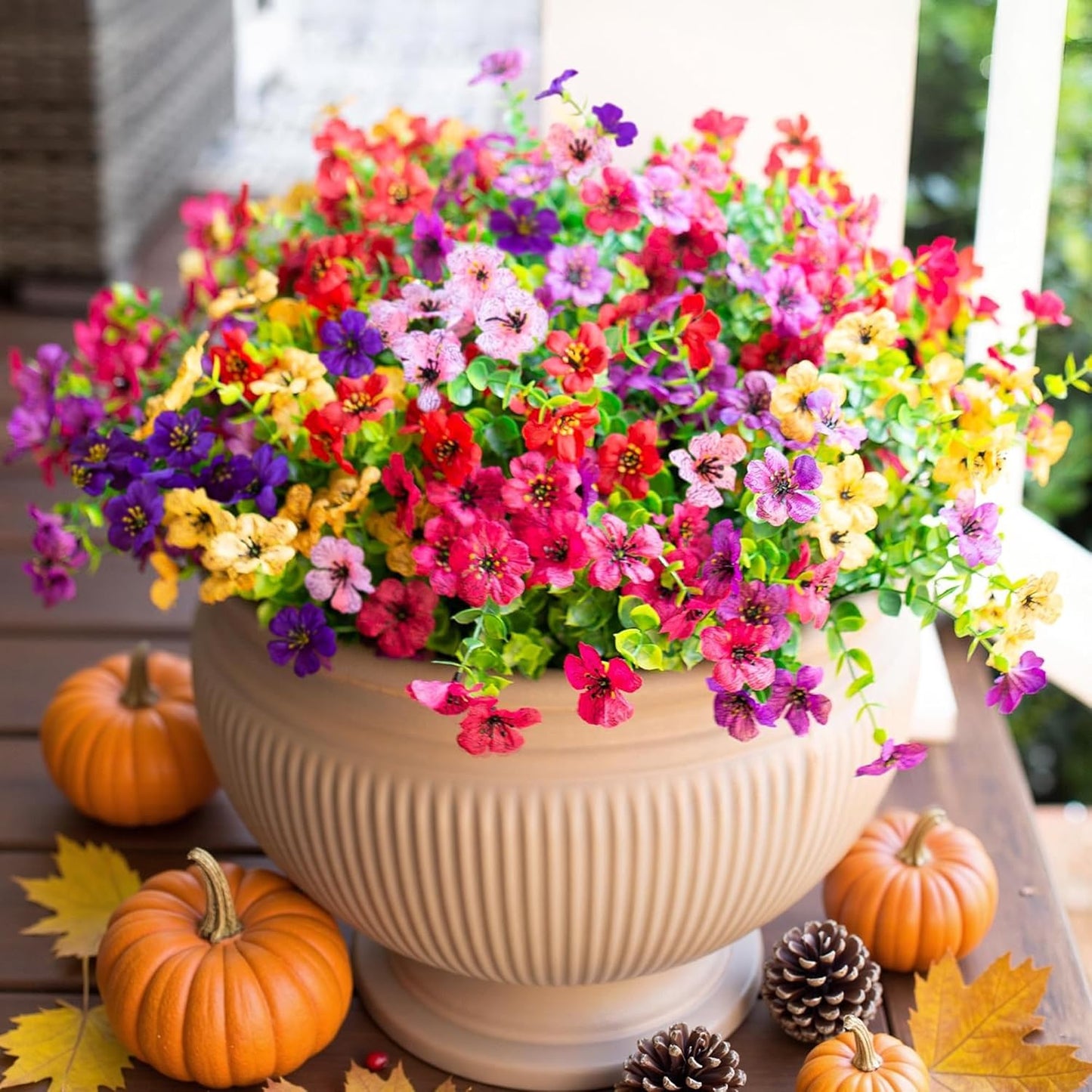 HyeFlora Artificial Flowers for Outdoor Indoor Garden Home Decoration, Faux Flower Daisy with Eucalyptus Leaves Fake Plants Greenery Boxwood Porch Patio, 12 Bundles (Mix Pink Red Purple Yellow)