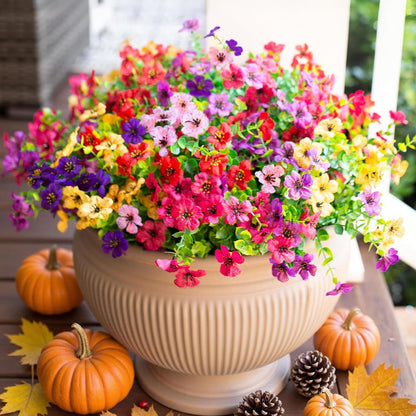 HyeFlora Artificial Flowers for Outdoor Indoor Garden Home Decoration, Faux Flower Daisy with Eucalyptus Leaves Fake Plants Greenery Boxwood Porch Patio, 12 Bundles (Mix Pink Red Purple Yellow)