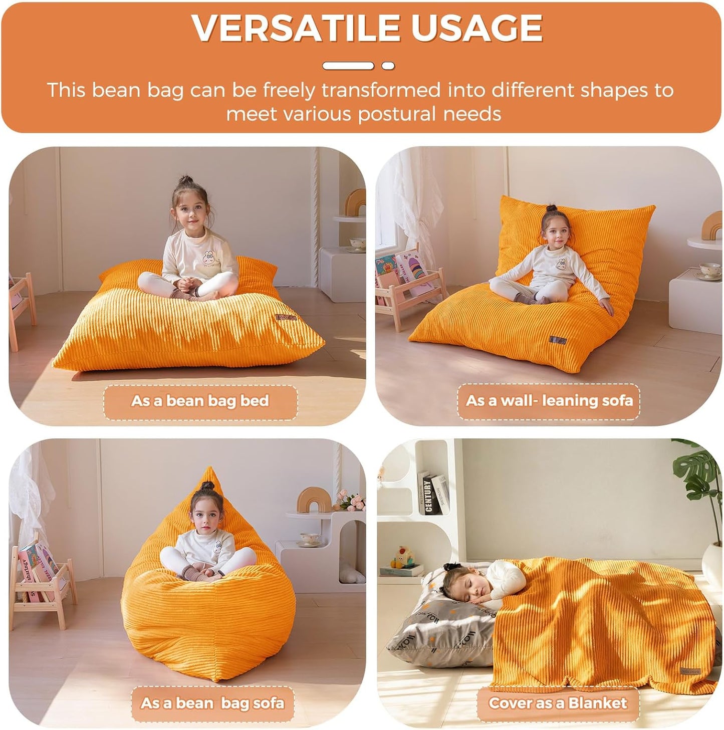 MAXYOYO 3 in 1 Kids Bean Bag Chair Couch, Convertible Chair Folds from Bean Bag to Lounger, Child Floor Sofa for Gaming, Reading, Floor Mattress with High-Density Foam Filling