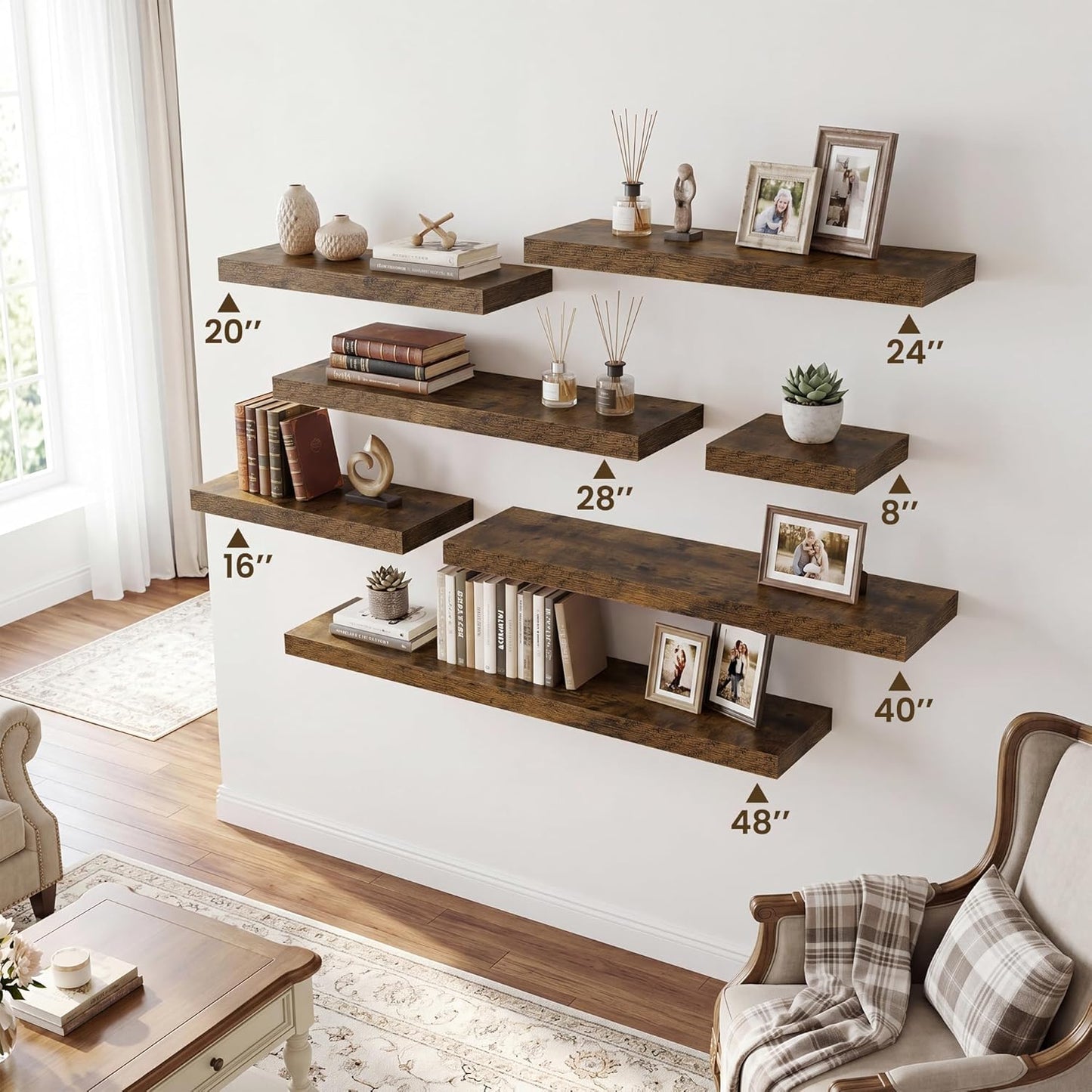 RICHFOCUS 72Inch Floating Shelves for Wall 2 Pack Shelves for Bedroom|Kitchen|Bathroom Wall Mounted Rustic Wood Floating Shelf with Invisible Brackets for Books|Storage|Decor, Rustic Brown