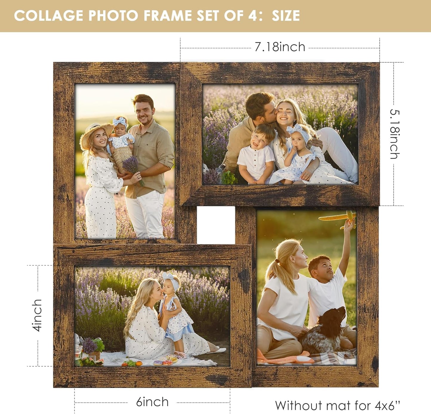 DUENPY 4x6 Collage Picture Frame Tempered Glass Front, Displays Four 4x6 Photo, Family Photo Collage Frame, Wall Decor Wall Hanging or Tabletop, Brown