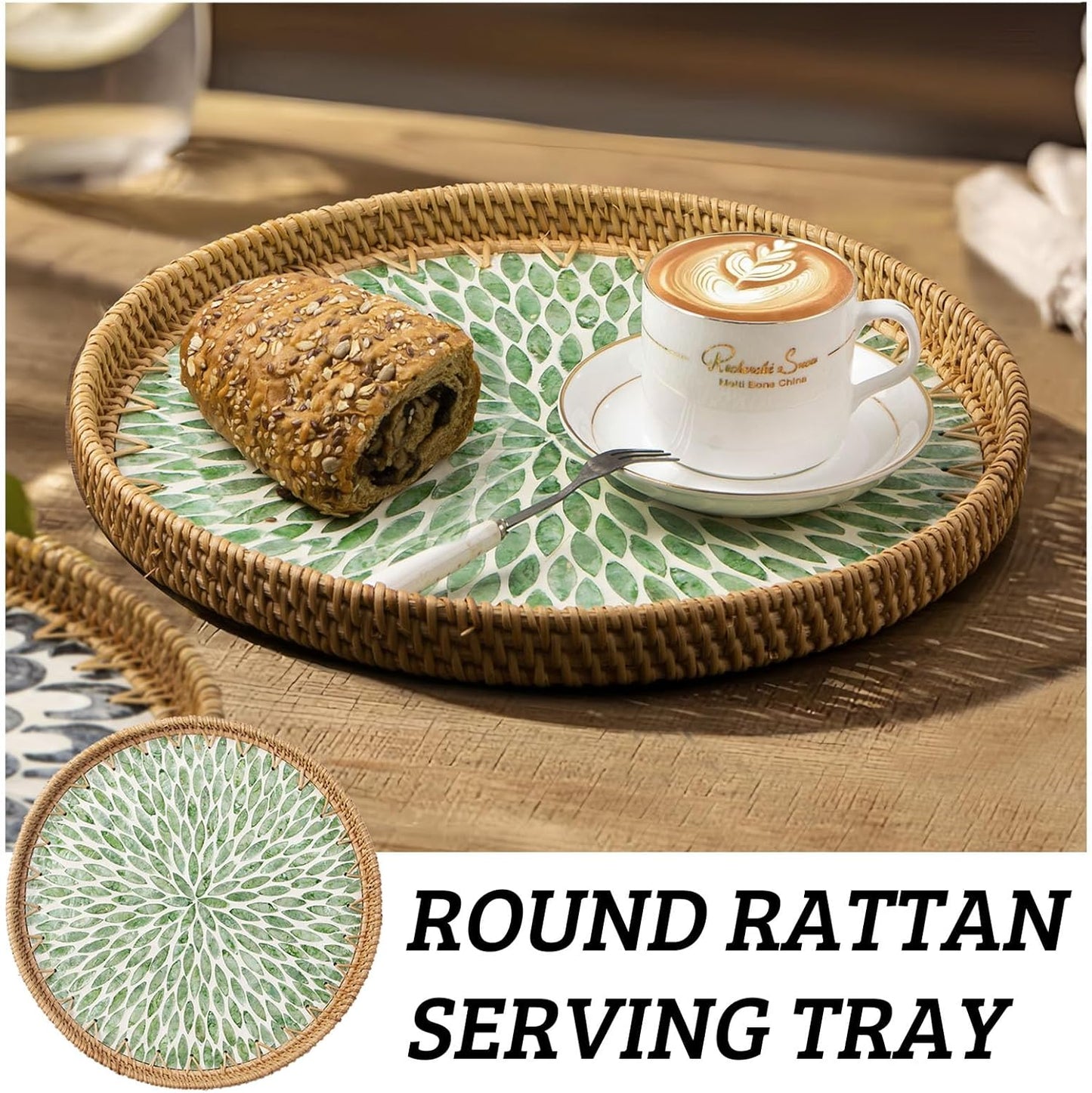 Round Rattan Tray with Mother of Pearl Inlay, Decorative Wicker Serving Tray with Wooden Base, Woven Basket Trays for Bread Fruits Coffee, Leaf