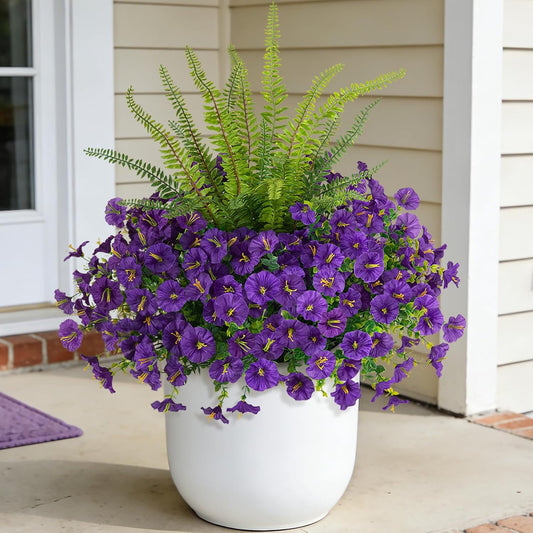 Hrobek Artificial Flowers for Outdoors Faux Plants Outside Indoor,UV Resistant Silk Fake Morning Glory Tall Ferns for Home Patio Garden Back Yard Front Porch Decor Spring Summer(13 Bunches,White)