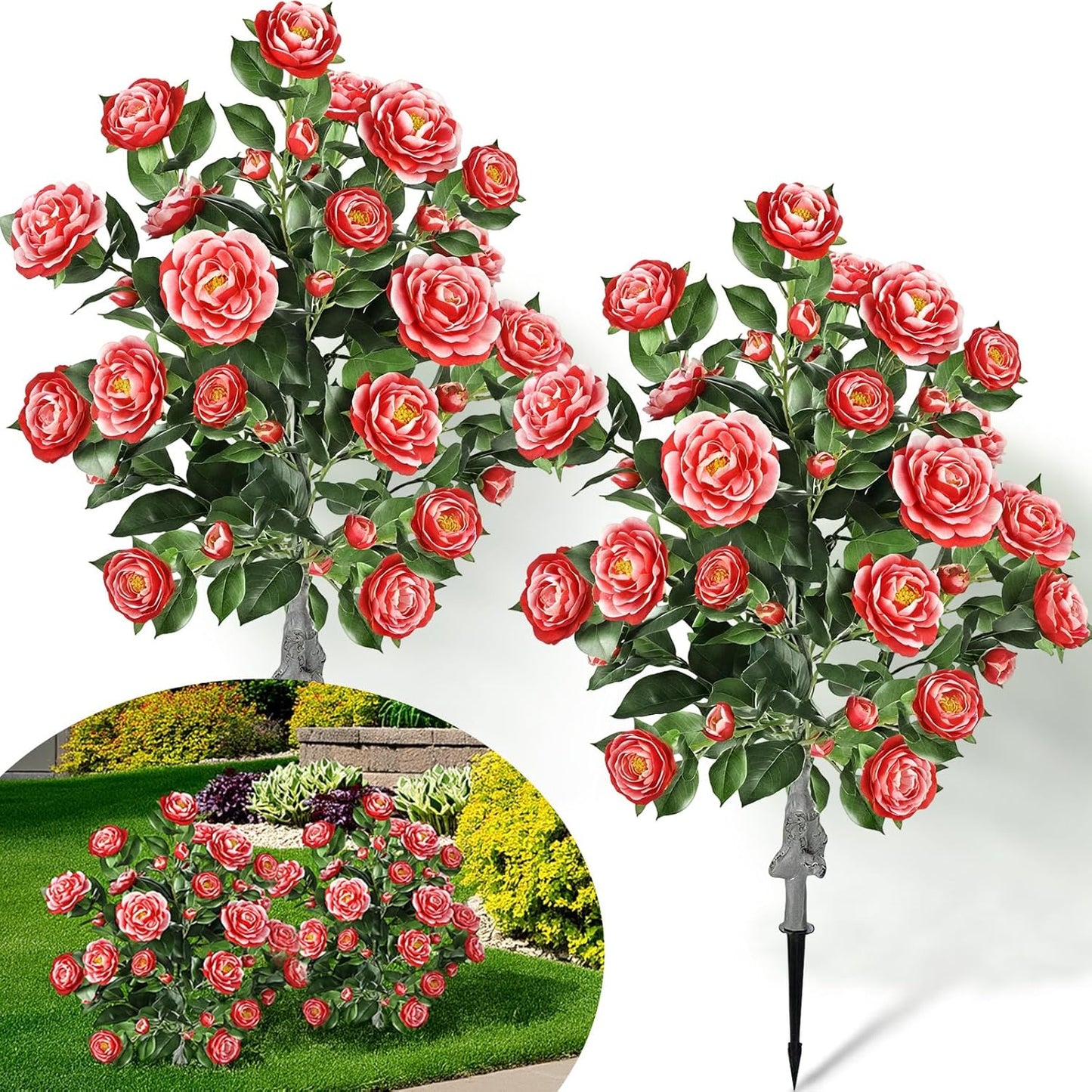 Lunmon 2 Pack 3ft Artificial Camellia Plants Tree 36" Faux Camellia Flower with Spike UV Resistant Realistic Fake Floral Blooming Bush for Indoor Outdoor Front Door Porch Backyard Garden, Purple
