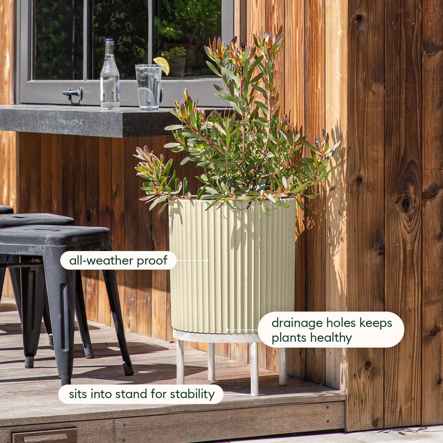 Veradek Demi Series Round Planter w/ Stand for Porch/Patio | Durable Plastic-Concrete & Wooden Stand | Modern Décor for Tall Plants, Flowers